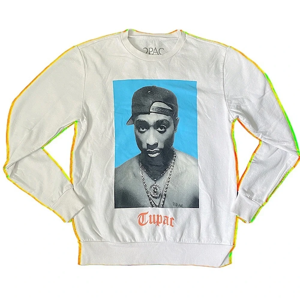 Women’s Tupac Printed Crewneck Sweatshirt  2Pac Rap Hiphop White and Blue Size S